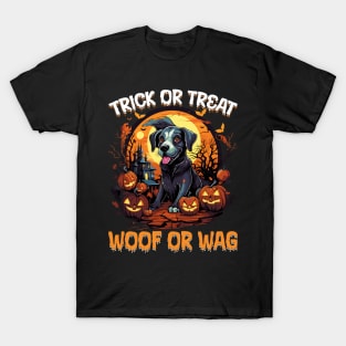 Trick or Treat Woof or Wag Funny Dog Halloween T-Shirt